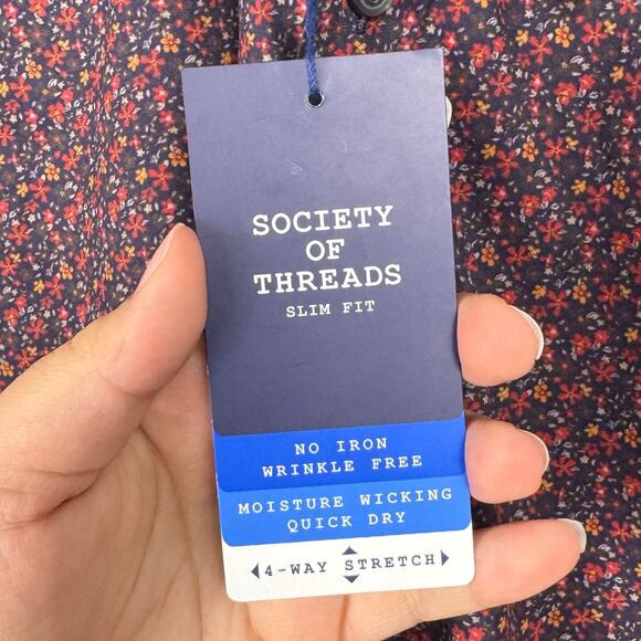 Society of Threads Red Floral Print Stretch Long Sleeve Button Up Size Medium - Picture 8 of 9